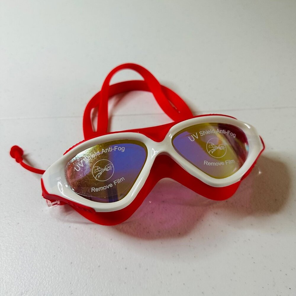 Red Swim Goggles and case Anti-Fog UV Protection Silicone Seal Attached Earplugs